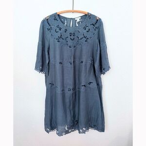 Sundance Anella Dress Steel Blue Embroidered Cutwork Ramie XL NWT Boho Chic
